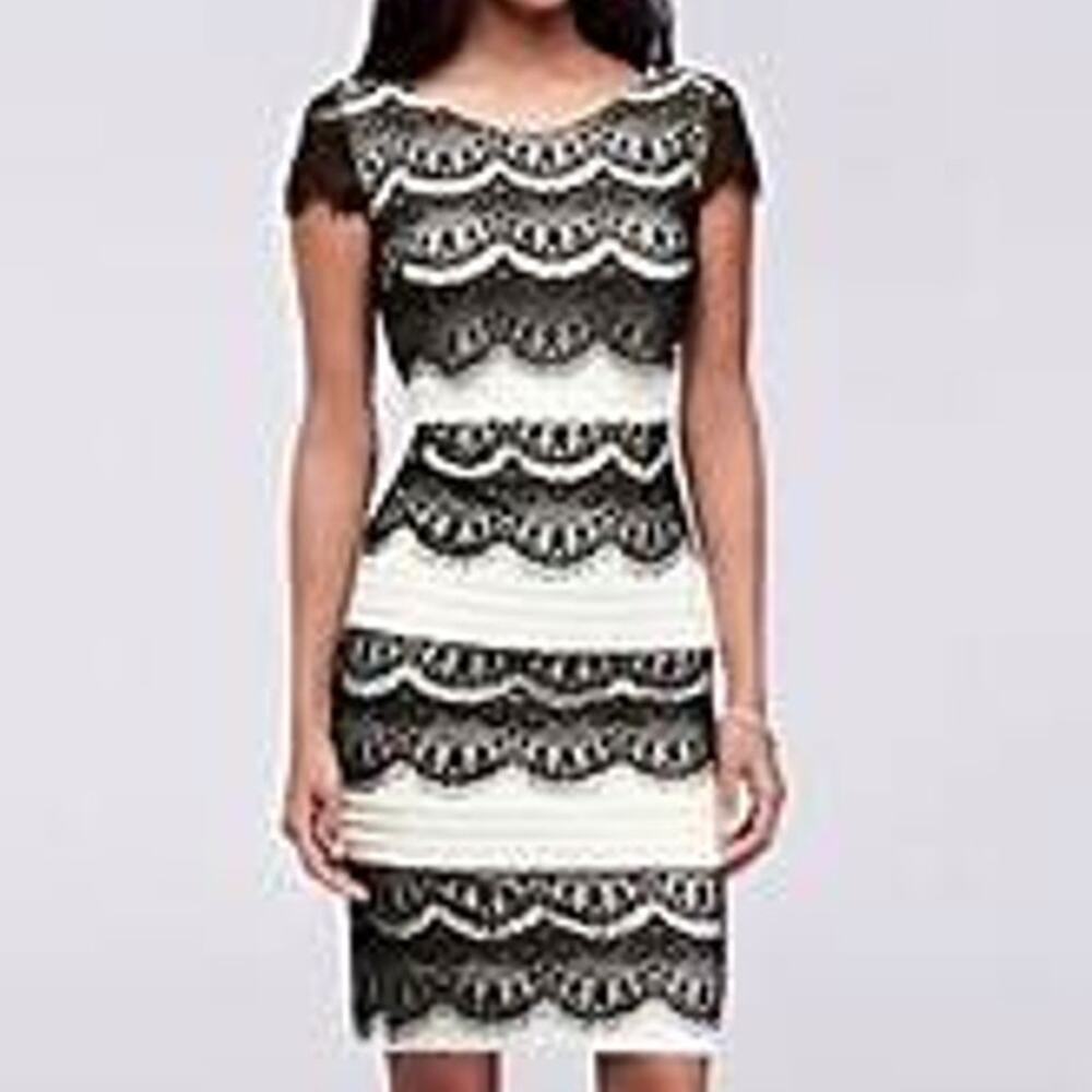 Melrose Tiered Black Lace Eyelash Ruched Midi Bodycon Dress Size 6